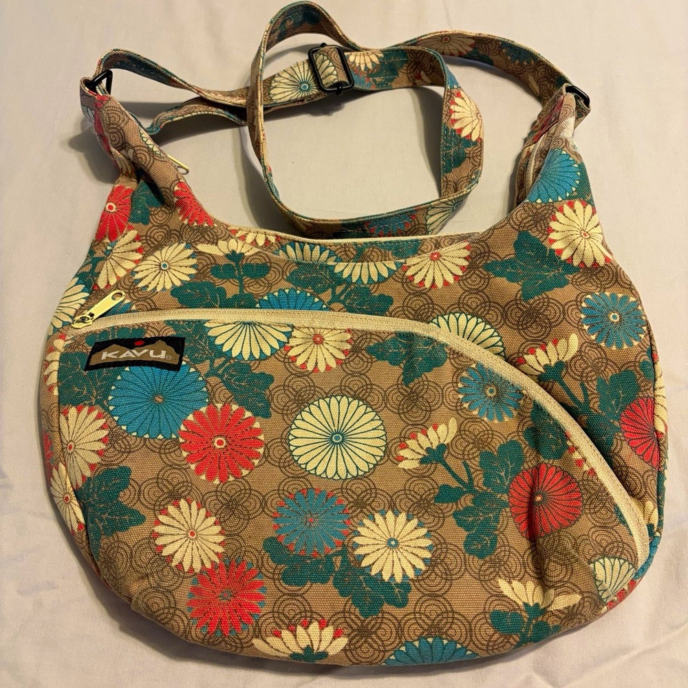 Y2K KAVU Floral Canvas Crescent Shoulder Bag Zip Adjustable boho flower fest